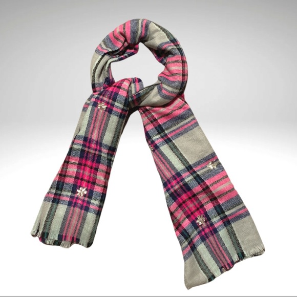 Betsey Johnson Large Multicolor Plaid Embellished Scarf with Fringe Border 76x30 - Picture 2 of 8